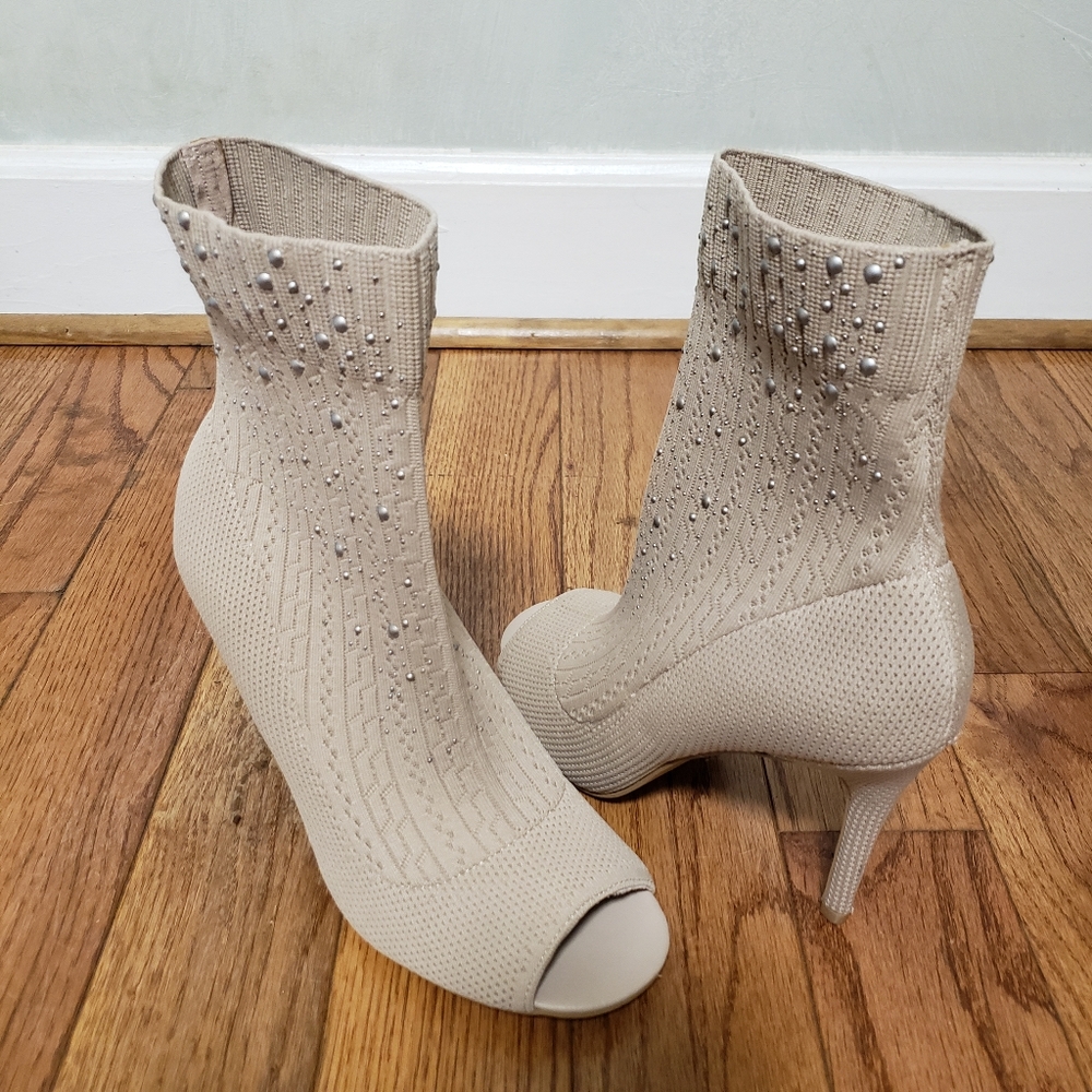 Charles By Charles David Nude Stud Embellished Knit Sock Peep Toe Bootie